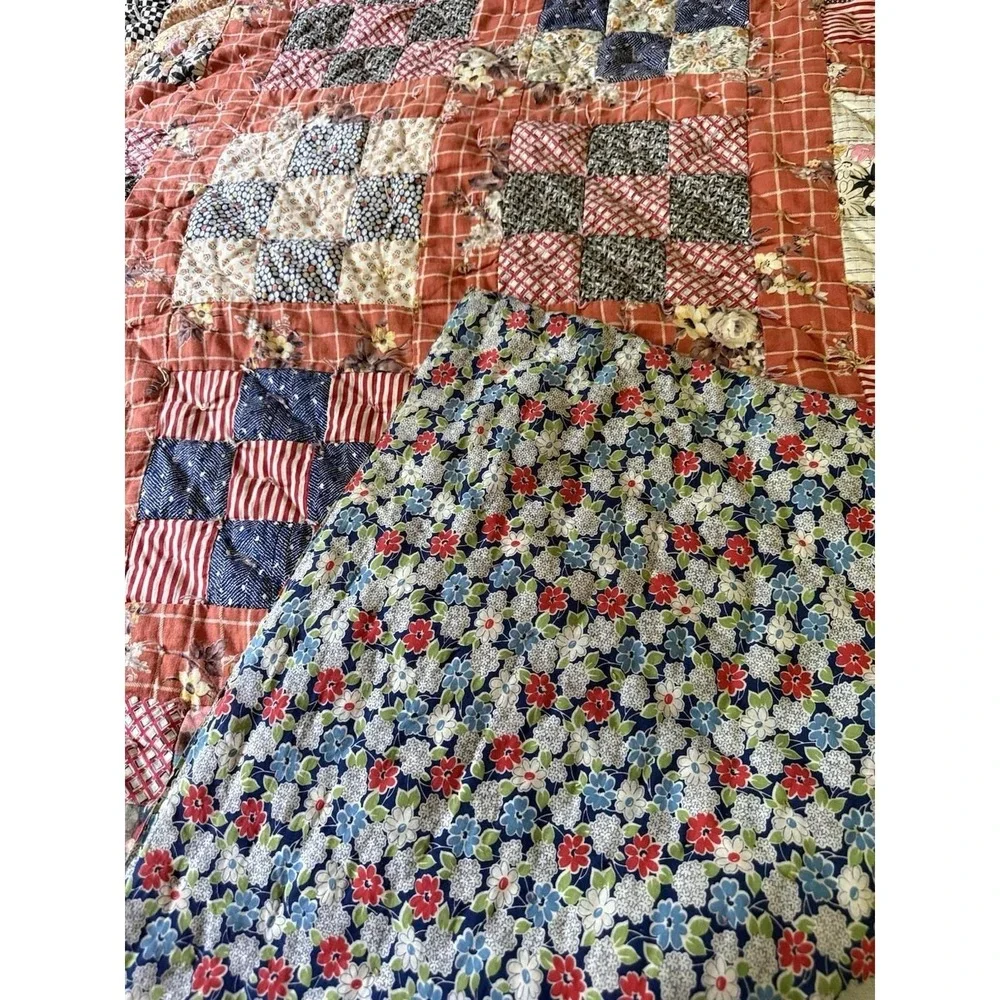 Vintage 1940's 9 Patch Patchwork Quilt Hand Ties Floral Backing 88x70 Excellent